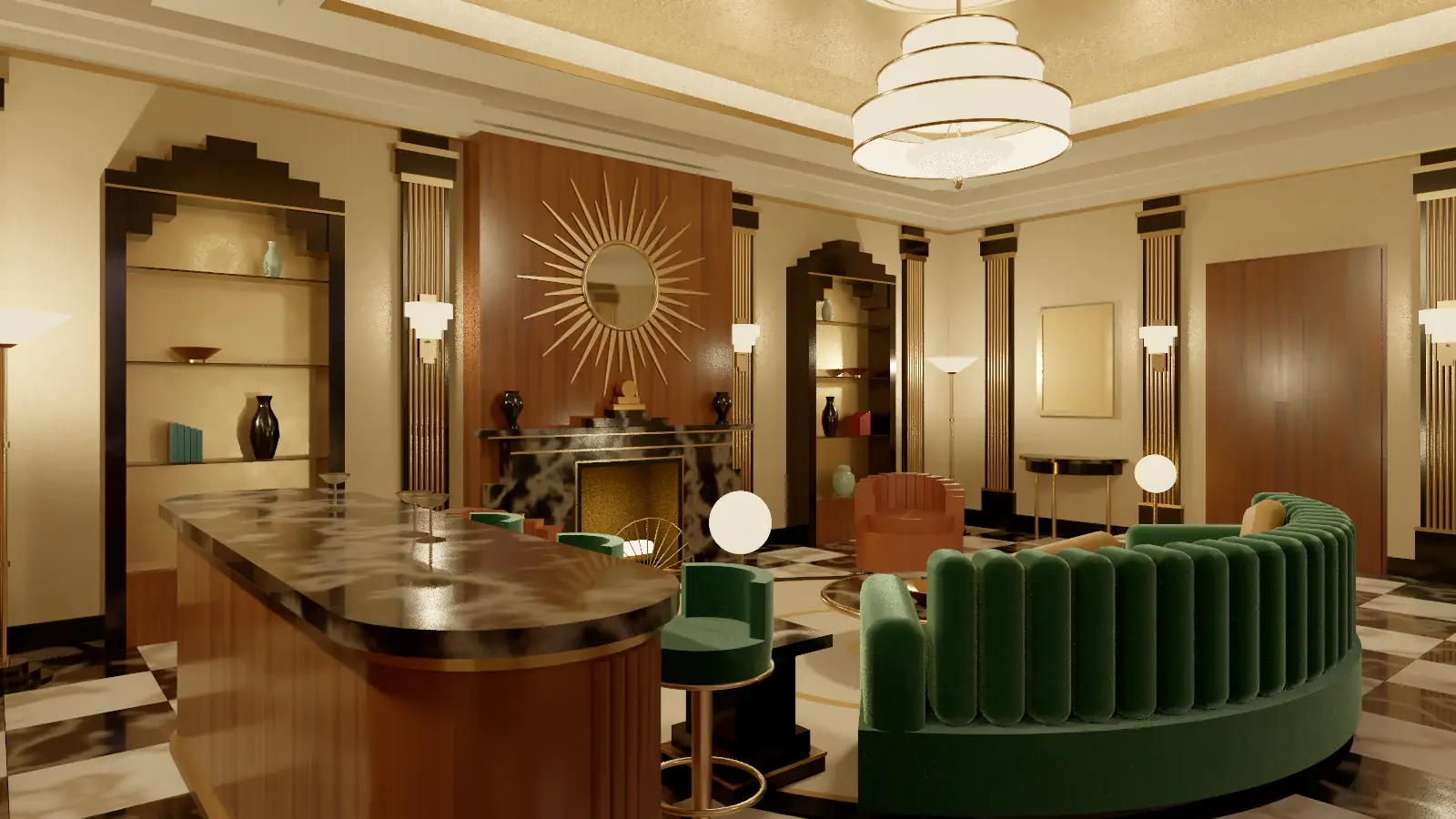 De Art Deco Salon in de avond: een groene fluwelen bank, marmeren vloer en de haard met een zonnestraalspiegel