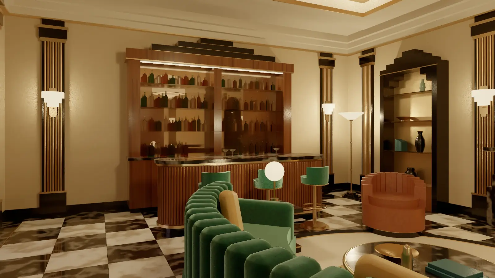 De bar van de Art Deco Salon, met fluwelen krukken en een spiegelende achterwand vol flessen
