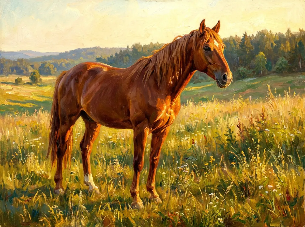 Een olieverfschilderij van een kastanjebruin paard in een zonnige wei, geschilderd door de engine van Artemisia